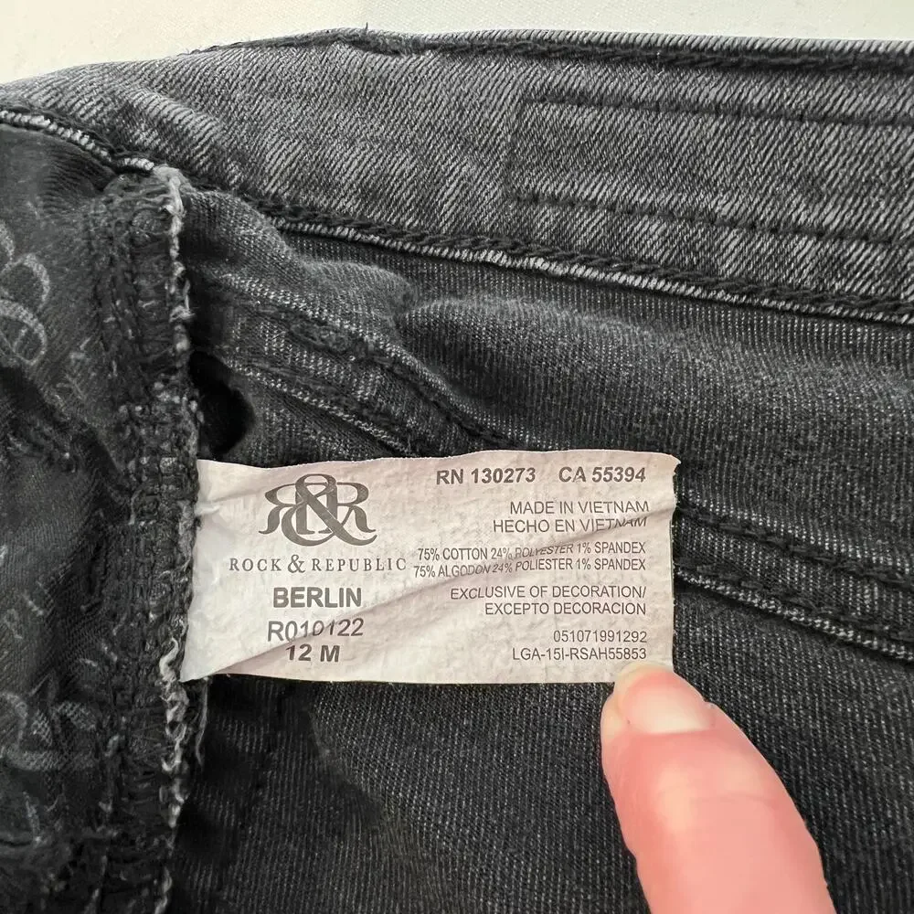 Rock & Republic Berlin Mid Rise Slim Straight Jeans Womens 12M Black Gold Chain - Picture 5 of 12